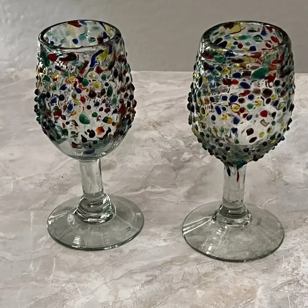 Hand Blown Ball Wine Glasses Colorful Textured Pebble Confetti Design Set of 3